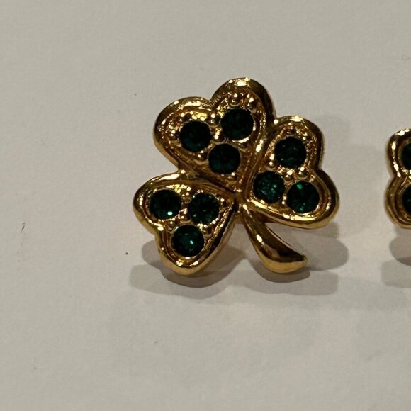 Avon Gold Green Rhinestone Clover Earrings Leaf Shape Set St. Patrick's Day - Picture 2 of 6